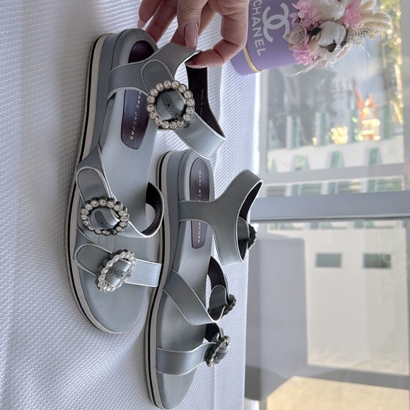 Marc By Marc Jacobs Light Blue Crystal Embellished Satin Charlotte Sandals - Picture 3 of 7